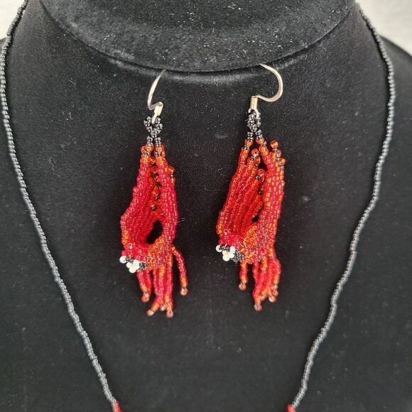 Handcrafted Beaded Cardinal Red Bird Necklace and Earrings Great Gift - Picture 5 of 13